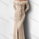 Wholesale Women's Elegant Plain Off Shoulder Ruffle Trim Ruched Split Front Maxi Dress Khaki Clothing Wholesale Market Liuhua