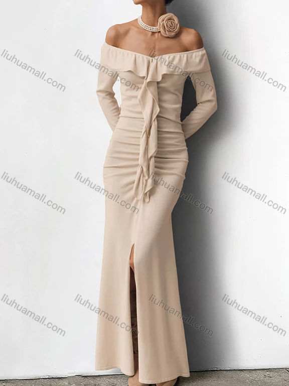 Wholesale Women's Elegant Plain Off Shoulder Ruffle Trim Ruched Split Front Maxi Dress