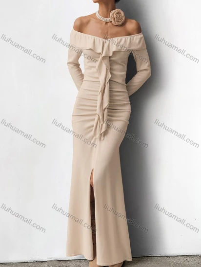 Wholesale Women's Elegant Plain Off Shoulder Ruffle Trim Ruched Split Front Maxi Dress