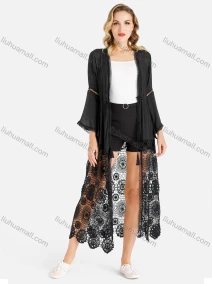Wholesale Women's Trumpet Sleeve Open Front Fringe Drawstring Floral Lace Hem Cover Up Cardigan, LIUHUA CLOTHING WHOLESALE