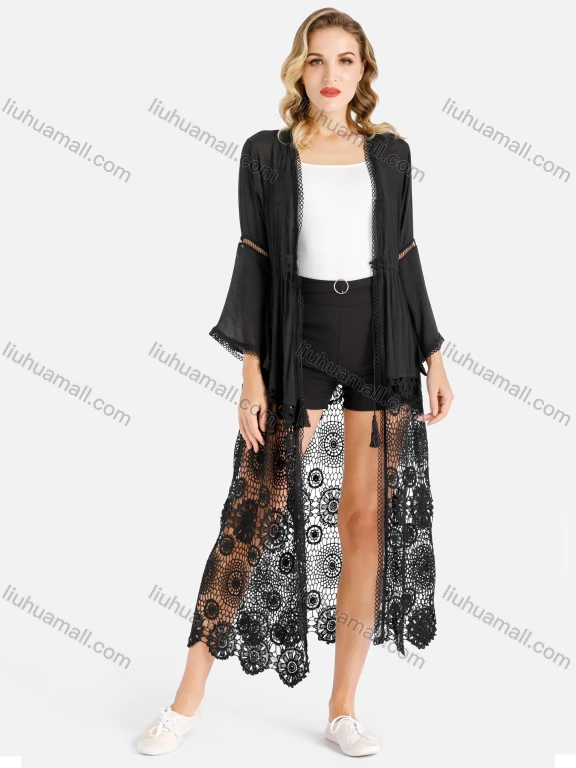 Wholesale Women's Trumpet Sleeve Open Front Fringe Drawstring Floral Lace Hem Cover Up Cardigan