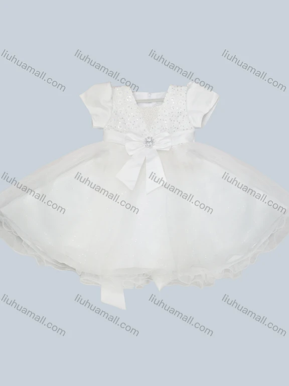 Wholesale Girls Lovely V Neck Cap Sleeve 3D Floral Bowknot Rhinestone Tiered Ruffle Trim Dress