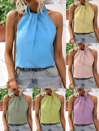 Wholesale Women's Casual Plain Key Hole Halter Tops