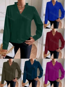 Wholesale Women's Casual Plain Stand Collar V Neck Long Sleeve Blouse, LIUHUA CLOTHING WHOLESALE