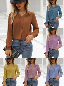 Wholesale Women's Casual Plain Buttons Down Hollow Out Embroidery Long Sleeve Blouse, LIUHUA CLOTHING WHOLESALE