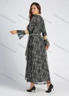 Wholesale Women's Elegant Bell Sleeve Lace Splicing Allover Houndstooth Print Button Down Maxi Dress With Belt - Liuhuamall