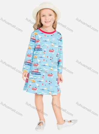 Wholesale Girls Cute Crew Neck Cartoon Print Button Front Knee Length Dress, LIUHUA CLOTHING WHOLESALE
