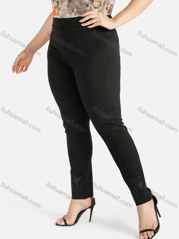 Wholesale Women's Plus Size Rhinestone Elastic Waist Plain Casual Skinny Pants