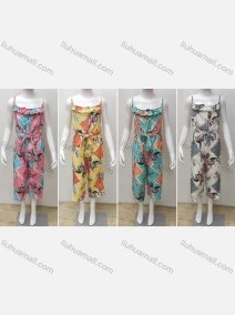 Wholesale Girls Casual Square Neck Sleeveless Ruffle Trim Button Decor Floral Print Jumpsuit With Belt, LIUHUA CLOTHING WHOLESALE