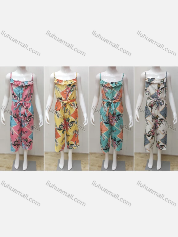 Wholesale Girls Casual Square Neck Sleeveless Ruffle Trim Button Decor Floral Print Jumpsuit With Belt