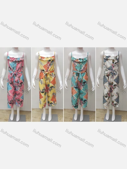 Wholesale Girls Casual Square Neck Sleeveless Ruffle Trim Button Decor Floral Print Jumpsuit With Belt