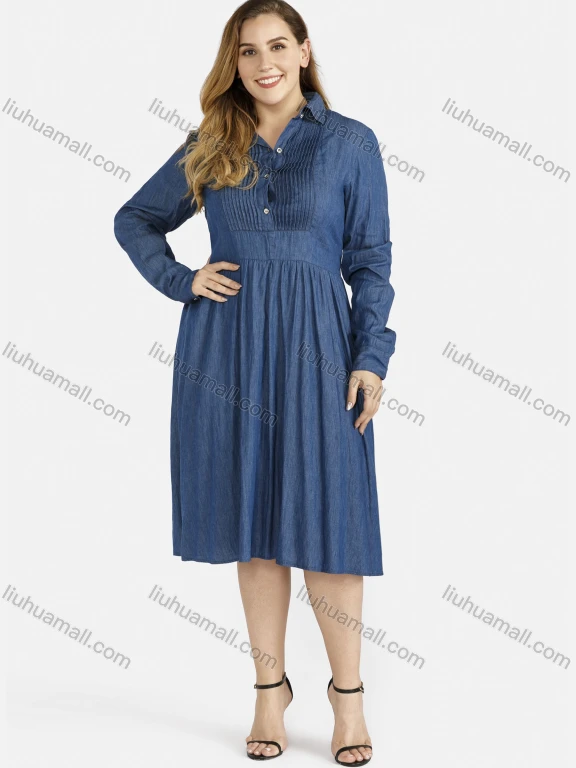 Wholesale Women's Plus Size Button Pleated Casual Knee Length Denim Dress