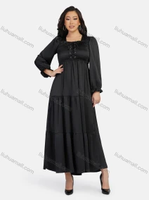 Wholesale Woman's Casual Plain Square Neck Tiered Lace Up Dress 9144#, LIUHUA CLOTHING WHOLESALE