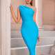 Women's One Shoulder Glamorous Plain Slit Hem Midi Cocktail Dress Sky Blue Clothing Wholesale Market -LIUHUA