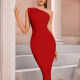 Women's One Shoulder Glamorous Plain Slit Hem Midi Cocktail Dress Red Clothing Wholesale Market -LIUHUA