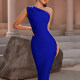 Women's One Shoulder Glamorous Plain Slit Hem Midi Cocktail Dress Blue Clothing Wholesale Market -LIUHUA