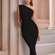 Women's One Shoulder Glamorous Plain Slit Hem Midi Cocktail Dress Black Clothing Wholesale Market -LIUHUA