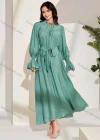 Wholesale Women's Fashion Plain Tie Neck Ruched Bishop Sleeve Ruffle Hem Maxi Dress With Belt - Liuhuamall