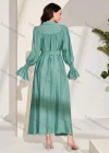 Wholesale Women's Fashion Plain Tie Neck Ruched Bishop Sleeve Ruffle Hem Maxi Dress With Belt - Liuhuamall