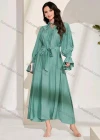Wholesale Women's Fashion Plain Tie Neck Ruched Bishop Sleeve Ruffle Hem Maxi Dress With Belt - Liuhuamall