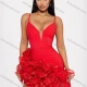 Wholesale Women's Mini Cocktail Dress with Spaghetti Straps and Ruffled Hem Red Clothing Wholesale Market Liuhua