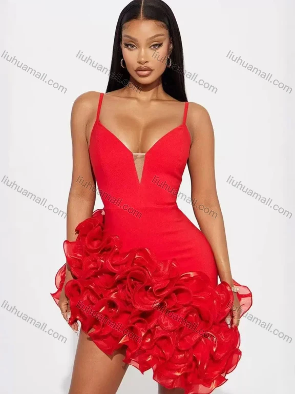 Wholesale Women's Mini Cocktail Dress with Spaghetti Straps and Ruffled Hem