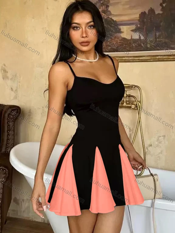 Wholesale Women's Mini Slim Fit Dress with Spaghetti Straps and Contrast Pleated Skirt