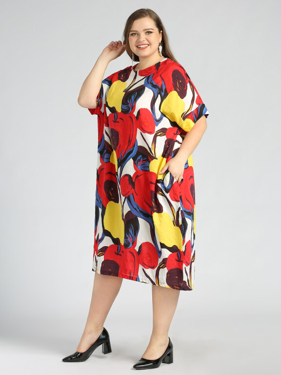Women's Round Neck Short Sleeve Floral Print Plus Midi Dress, Clothing Wholesale Market -LIUHUA, 