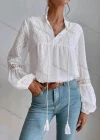 Wholesale Women's Casual Plain Swiss Dot Tassel Cord Long Sleeve Blouse - Liuhuamall