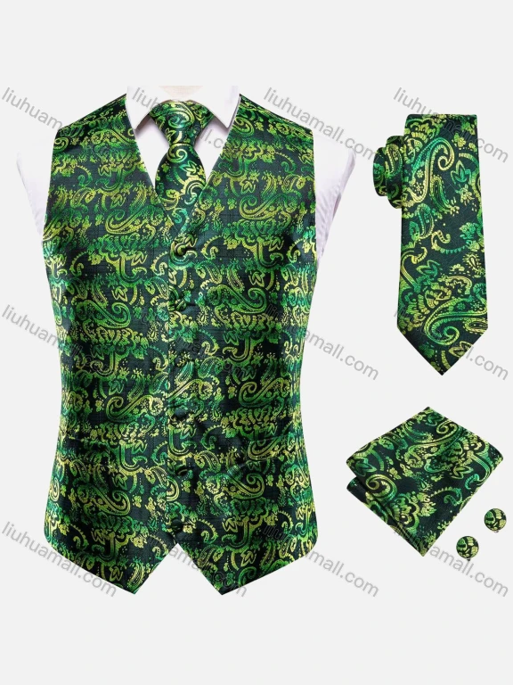 Wholesale Men's Formal Single Breasted Silky Waistcoat With Necktie & Kerchief & Cufflinks 4-piece Set