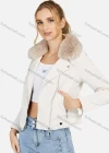 Wholesale Women's Faux Fur Lapel Zip Up Pockets Crop Leather Jacket - Liuhuamall