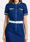 Wholesale Women's Zipper Dual Pockets Button Front Leather Belt Denim Dress 0497# - Liuhuamall