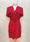 Wholesale Women's Casual Notched-neck Short Sleeve Lace Up Striped Short Dress With Belt - Liuhuamall