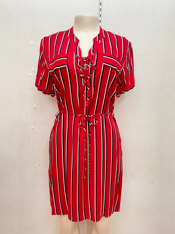 Women's Casual Notched-neck Short Sleeve Lace Up Striped Short Dress With Belt, LIUHUA Clothing Online Wholesale Market, Women, Women-s-Outerwear, Women-s-Coat