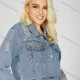 Wholesale Women's Fashion Plain Button Down Collared Flap Pockets Rhinestone Ripped Long Sleeve Crop Denim Jacket Light Blue Clothing Wholesale Market Liuhua