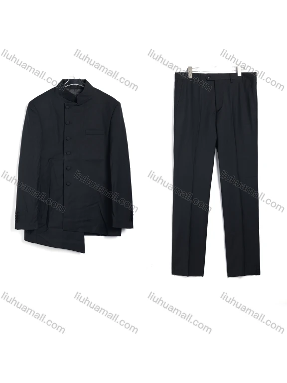 Wholesale Men's Formal Stand Collar Asymmetrical Plain 2 Piece Suit Set #801-BLACK