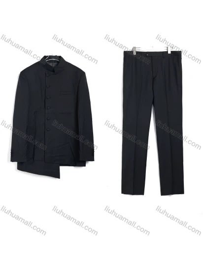 Wholesale Men's Formal Stand Collar Asymmetrical Plain 2 Piece Suit Set #801-BLACK