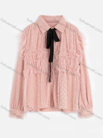 Wholesale Women's Causal Plain Collared Long Sleeve Mesh Swiss Dot Button Down Shirt With Tie, LIUHUA CLOTHING WHOLESALE
