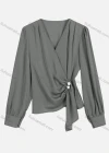 Wholesale Women's Casual V Neck Twist Eellished With Pearls Long Sleeve Plain Pearl Decor Blouse 8951# - Liuhuamall