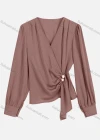 Wholesale Women's Casual V Neck Twist Eellished With Pearls Long Sleeve Plain Pearl Decor Blouse 8951# - Liuhuamall