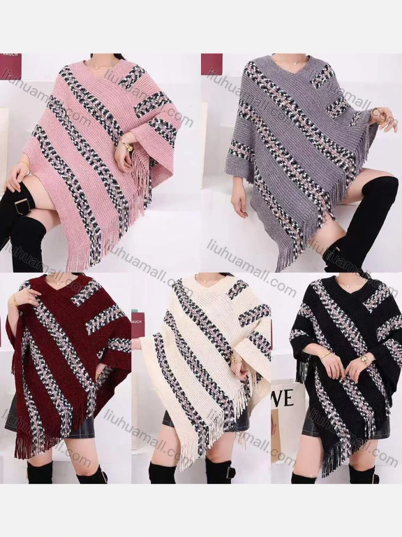 Wholesale Women's Elegant Striped Splicing Poncho Tassel Hem Cape