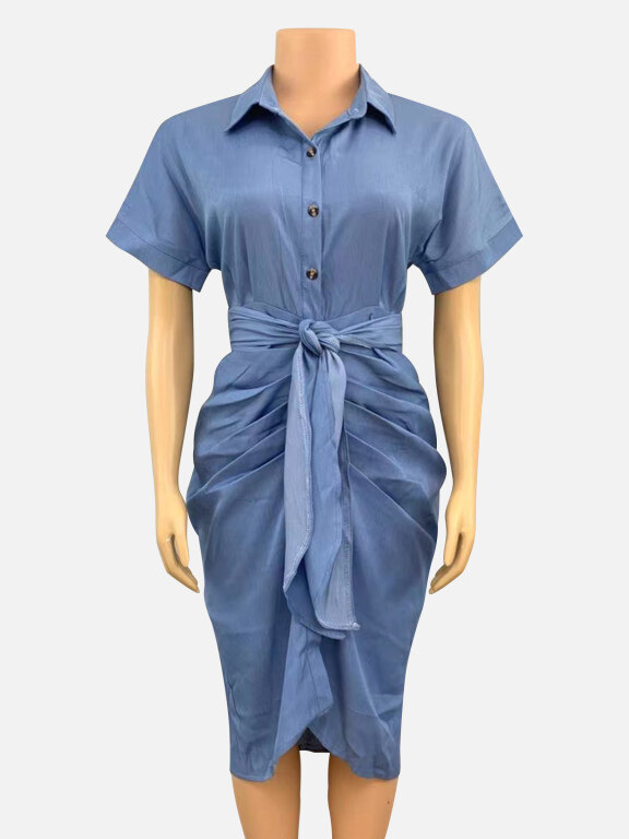 Women's Casual Plain Collared Short Sleeve Buttons Down Slim Fit Shirt Dress With Belt CY173#, Clothing Wholesale Market -LIUHUA, Women, Dress, Sweater-Dress