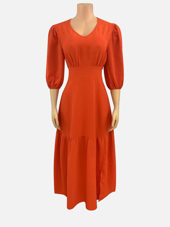 Women's Casual Plain V Neck Puff Sleeve Ruched Ruffle Hem Maxi Dress CY185#, Clothing Wholesale Market -LIUHUA, Women, Dress, Sweater-Dress