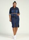 Wholesale Women's Plus Size Casual Collared Long Sleeve Button Denim Shirt Dress With Belt - Liuhuamall