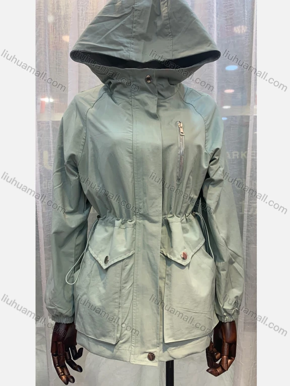 Wholesale Women's Casual Long Sleeve Double Flap Pockets Drawstring Waist Hooded Trench Coat