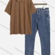 Wholesale Men's Casual Allover Print Short Sleeve Polo Shirts & Plain Pockets Jeans 2-Piece Set AK5+E8LT-11# Copper Clothing Wholesale Market Liuhua