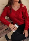 Wholesale Women's Plain V Neck Cold Shoulder Pullover Cable Knit Sweater - Liuhuamall