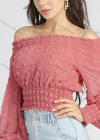 Wholesale Women's Chiffon Off Shoulder Plain Lantern Sleeve Shirred Swiss Dot Crop Blouse - Liuhuamall