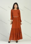Wholesale Women's Chiffon Crew Neck Plain Ruched Ruffle Trim Layered Hem Maxi Dress With Belt - Liuhuamall