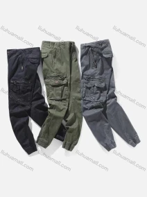 Wholesale Men's Casual Button Front Zipper Flap Pockets Elastic Hem Cargo Pants 1922#, LIUHUA CLOTHING WHOLESALE